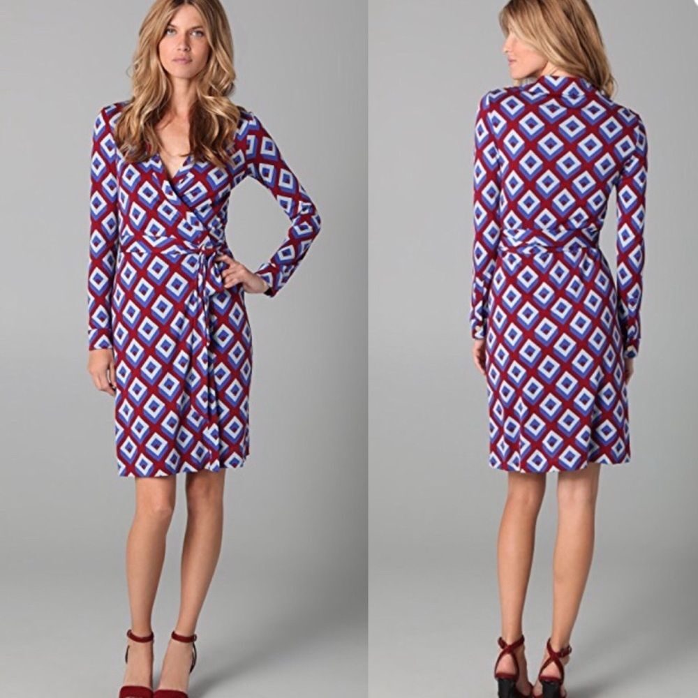 Diane Von Furstenberg NEW Jeanne Silk Red & Blue Geometric Wrap Dress Size 4